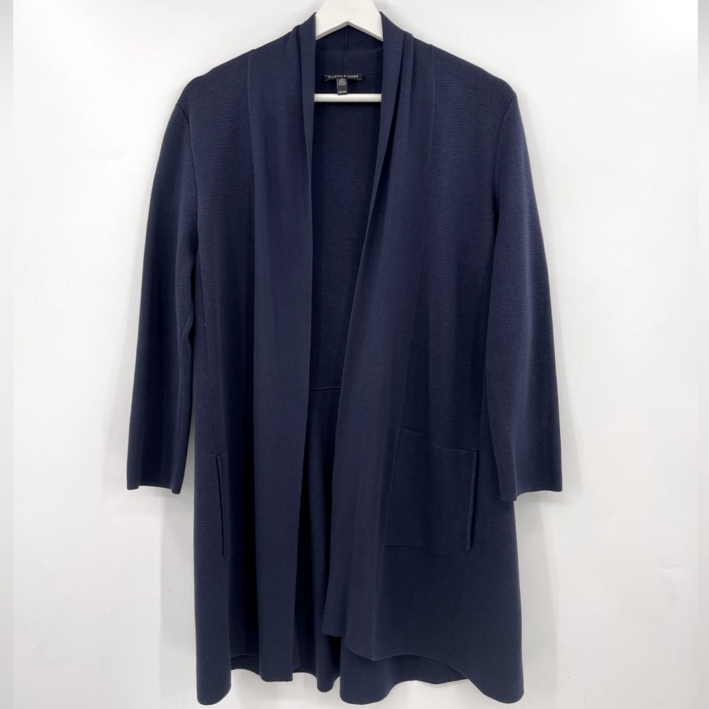 Eileen Fisher Silk-Cotton Long Open Front Cardigan Sweater XS Navy Like New